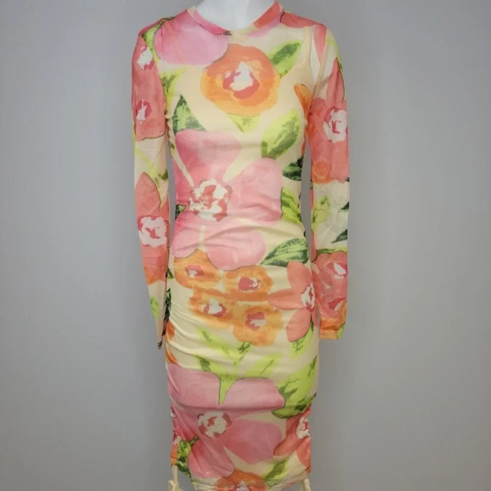 SHEIN Mesh Side Cinch Fully Lined Dress Floral Size Medium